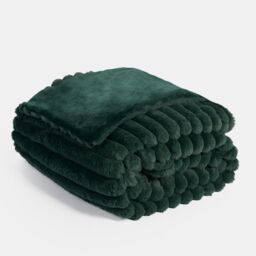 OHS Faux Fur Ribbed Fleece Throw Blanket Winter Warm Supersoft in Dark Green - thumbnail 4