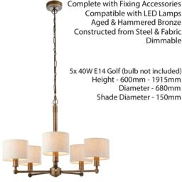 Loops Multi Light Ceiling Pendant 5 Bulb BRONZE White Shade Vintage Chandelier Lamp - thumbnail 2