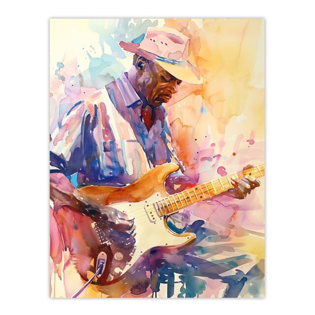 "Artery8 Electric Guitarist Music Portrait Watercolour Wall Art Print in Orange - Size: W24"" x H32""" - image 1