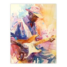 "Artery8 Electric Guitarist Music Portrait Watercolour Wall Art Print in Orange - Size: W24"" x H32""" - thumbnail 1
