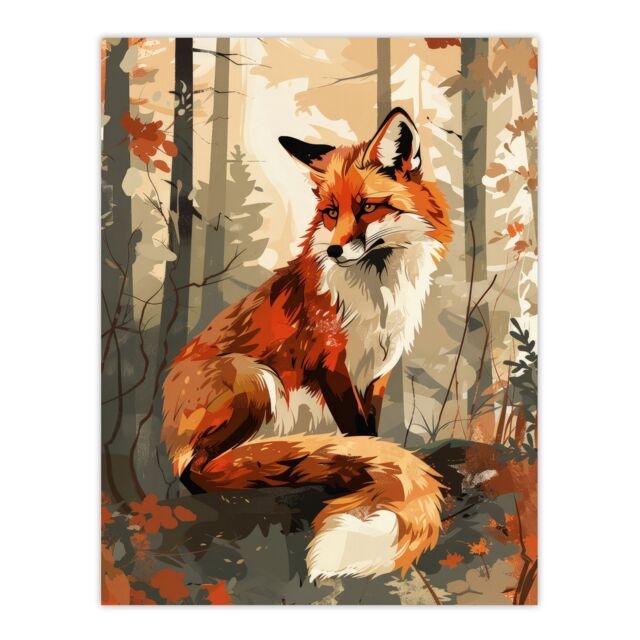 "Artery8 Wall Art Print Red Fox Autumn Forest Landscape Portrait Design Poster in Orange - Size: W18"" x H24""" - image 1