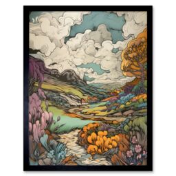 "Artery8 Wall Art Print Meadow River Multicoloured Landscape Art Framed in Black - Size: W12"" x H16""" - thumbnail 1