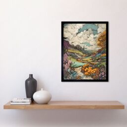 "Artery8 Wall Art Print Meadow River Multicoloured Landscape Art Framed in Black - Size: W12"" x H16""" - thumbnail 2