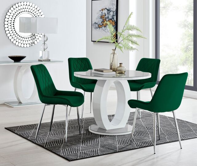 FurnitureboxUK Giovani Round 4 Seat 100cm White High Gloss Halo Base Grey Glass Top Dining Table 4 Soft Velvet Silver Leg Pesaro Chairs in Green - image 1