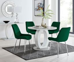FurnitureboxUK Giovani Round 4 Seat 100cm White High Gloss Halo Base Grey Glass Top Dining Table 4 Soft Velvet Silver Leg Pesaro Chairs in Green - thumbnail 1