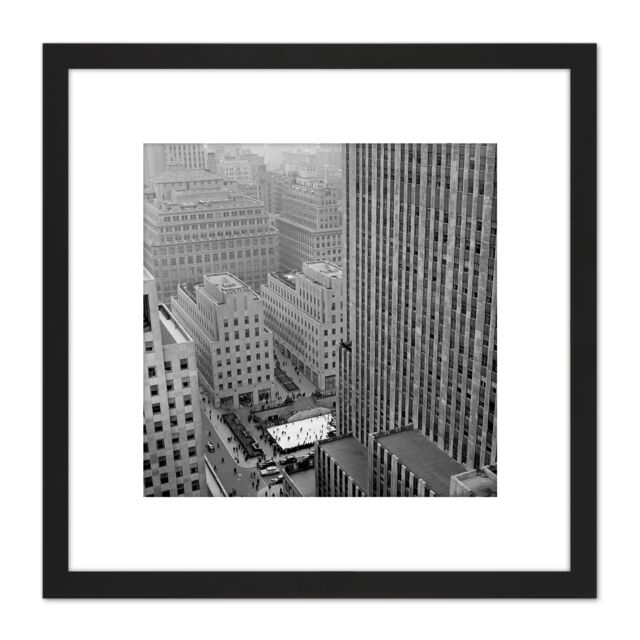 Artery8 New York Rockefeller Center Ice Skate From Above 8X8 Inch Square Wooden Framed Wall Art Print Picture with Mount in Black - image 1