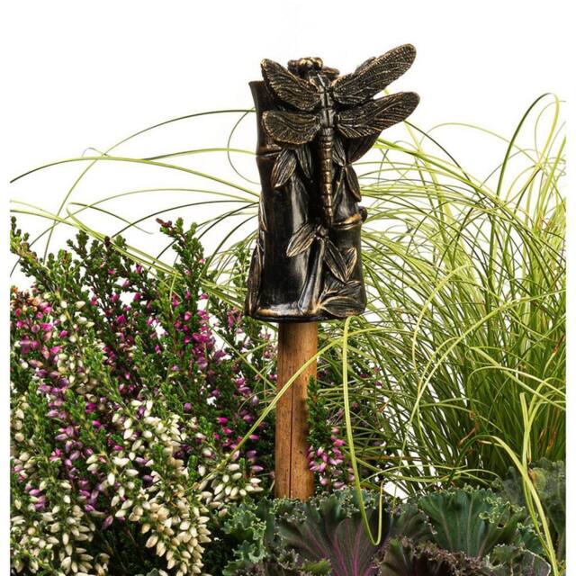 Jardinopia Dragonfly On Bamboo Cane or Stake Topper - L5 x W5.5 x H8 cm in Bronze - image 1