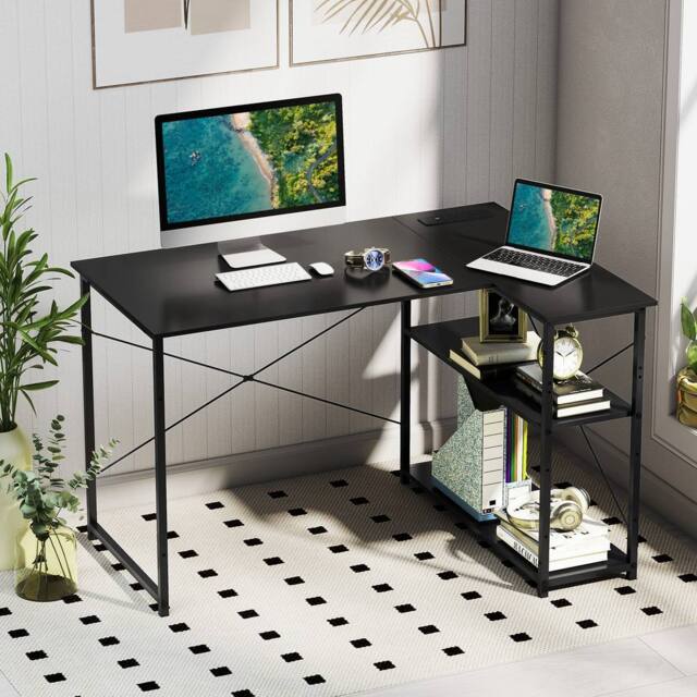 Costway L-shaped Computer Desk w/Power Outlet Workstation w/Reversible Shelves in Black - image 1