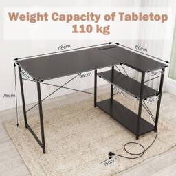 Costway L-shaped Computer Desk w/Power Outlet Workstation w/Reversible Shelves in Black - thumbnail 2