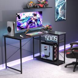 Costway L-shaped Computer Desk w/Power Outlet Workstation w/Reversible Shelves in Black - thumbnail 9
