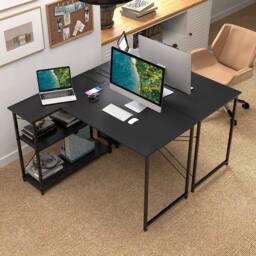 Costway L-shaped Computer Desk w/Power Outlet Workstation w/Reversible Shelves in Black - thumbnail 5