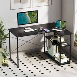Costway L-shaped Computer Desk w/Power Outlet Workstation w/Reversible Shelves in Black
