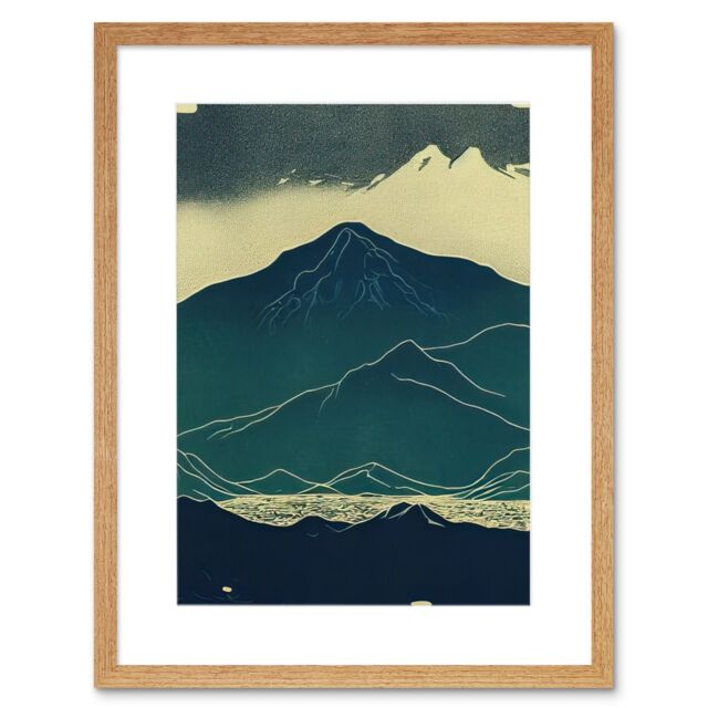 "Artery8 Wall Art Print Scottish Highlands Lake Mountains Blue Linocut Artwork Framed 9X7 Inch in Beige - Size: W7"" x H9""" - image 1
