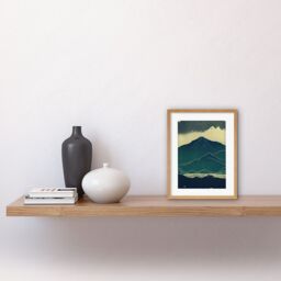 "Artery8 Wall Art Print Scottish Highlands Lake Mountains Blue Linocut Artwork Framed 9X7 Inch in Beige - Size: W7"" x H9""" - thumbnail 2