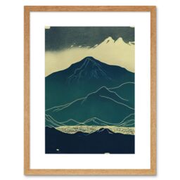 "Artery8 Wall Art Print Scottish Highlands Lake Mountains Blue Linocut Artwork Framed 9X7 Inch in Beige - Size: W7"" x H9""" - thumbnail 1