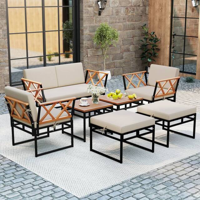 Costway 7 Piece Outdoor Conversation Set Metal Sectional Sofa Set w/ Cushions in Beige - image 1