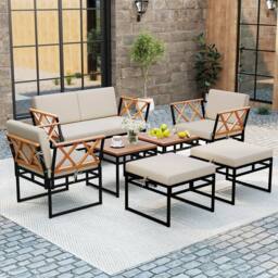 Costway 7 Piece Outdoor Conversation Set Metal Sectional Sofa Set w/ Cushions in Beige - thumbnail 1