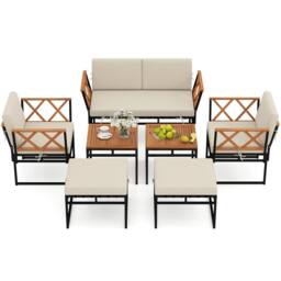 Costway 7 Piece Outdoor Conversation Set Metal Sectional Sofa Set w/ Cushions in Beige - thumbnail 2