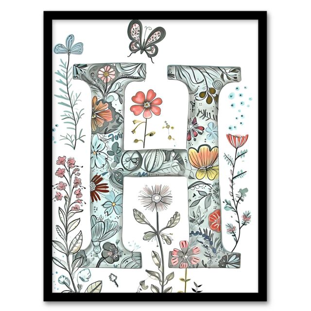 Artery8 Women's Wall Art Print Letter H Wildflower Garden Watercolour Butterfly Floral Word Art Framed - Size: A4 - image 1
