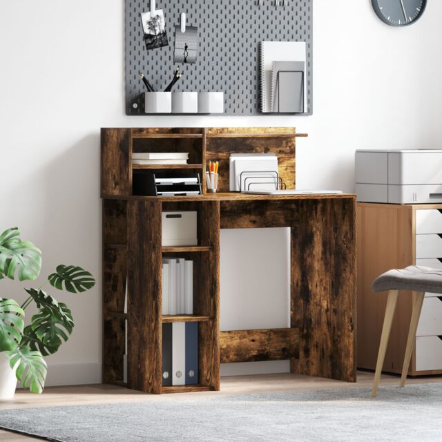 Berkfield Home Desk with Storage Smoked Oak 90x48x101.5 cm Engineered Wood in Brown - image 1