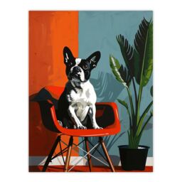 "Artery8 Wall Art Print French Bulldog Chair & Potted Plant Portrait Poster in Orange - Size: W12"" x H16""" - thumbnail 1