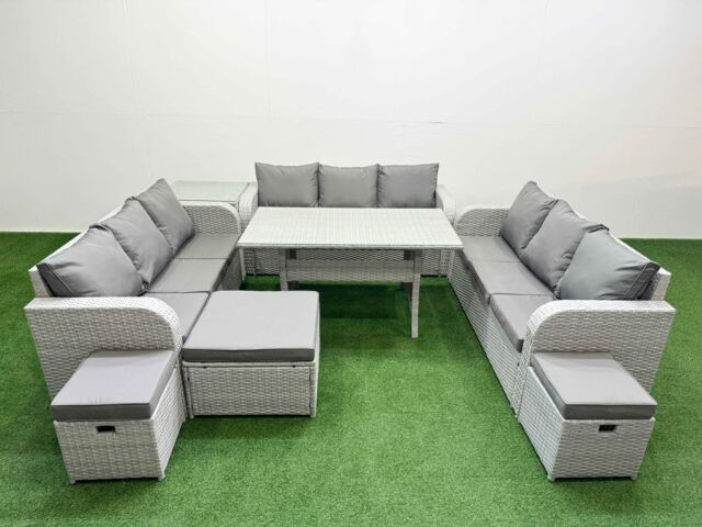 Fimous PE Rattan Lounge Sofa Set 12 Seater Outdoor Garden Furniture Set with Rectangular Dining Table 3 Seater Sofa 3 Stools Side Table Light Grey - image 1