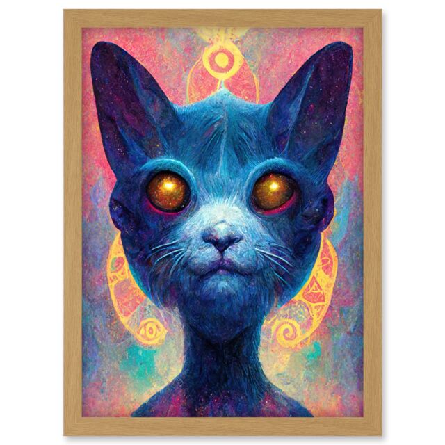 Artery8 Cosmos Astral Cat With Colourful Energy Frequencies Artwork Framed Wall Art Print A4 in Light Oak - image 1