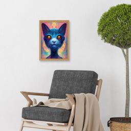 Artery8 Cosmos Astral Cat With Colourful Energy Frequencies Artwork Framed Wall Art Print A4 in Light Oak - thumbnail 2
