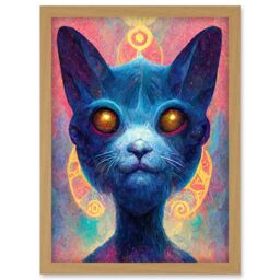 Artery8 Cosmos Astral Cat With Colourful Energy Frequencies Artwork Framed Wall Art Print A4 in Light Oak - thumbnail 1