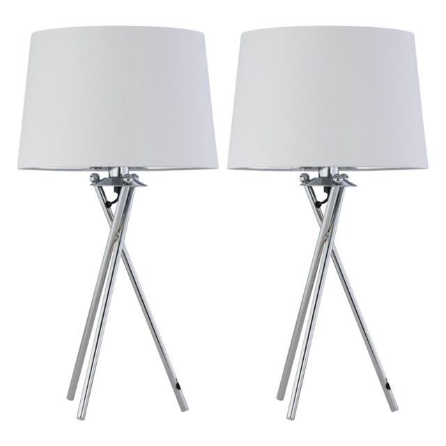 First Choice Lighting Set of 2 Tripod - Chrome Lamps with White & Silver Fabric Shade - image 1