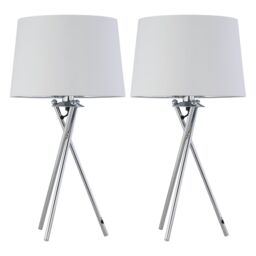 First Choice Lighting Set of 2 Tripod - Chrome Lamps with White & Silver Fabric Shade