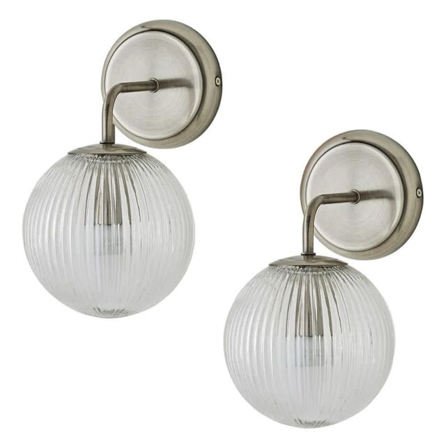 ValueLights Kempton Pair of Ribbed Glass Globe Shade Single Arm Wall Lights in Silver - image 1