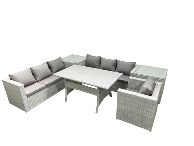 Fimous 6 Pieces Outdoor Rattan Sofa Set with Cushions Patio Garden Furniture Sets with Armchair Dining Table 2 Side Tables in Light Grey - image 1