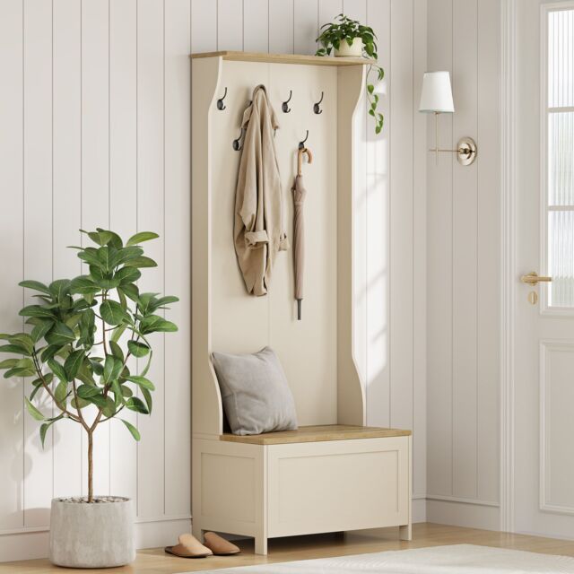 VonHaus Hallway Unit Coat Stand with Shoe Storage in Cream - Size: 1 Pack - image 1