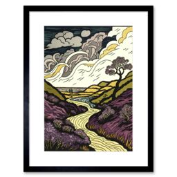 "Artery8 Wall Art Print Scottish Countryside Path with Purple Heather Artwork Framed 9X7 Inch in Black - Size: W7"" x H9""" - thumbnail 1