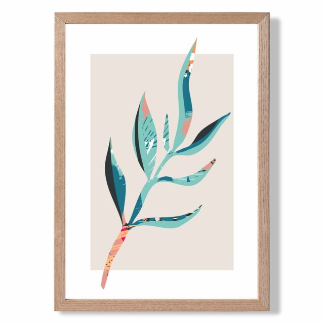 ARTZE Papyrus Leaf Blue & Pink Boho Botanical Framed Print SIZE: A4 with Oak Frame in Mid Blue - image 1