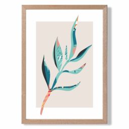 ARTZE Papyrus Leaf Blue & Pink Boho Botanical Framed Print SIZE: A4 with Oak Frame in Mid Blue