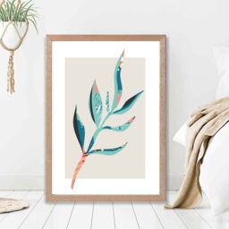 ARTZE Papyrus Leaf Blue & Pink Boho Botanical Framed Print SIZE: A4 with Oak Frame in Mid Blue - thumbnail 2