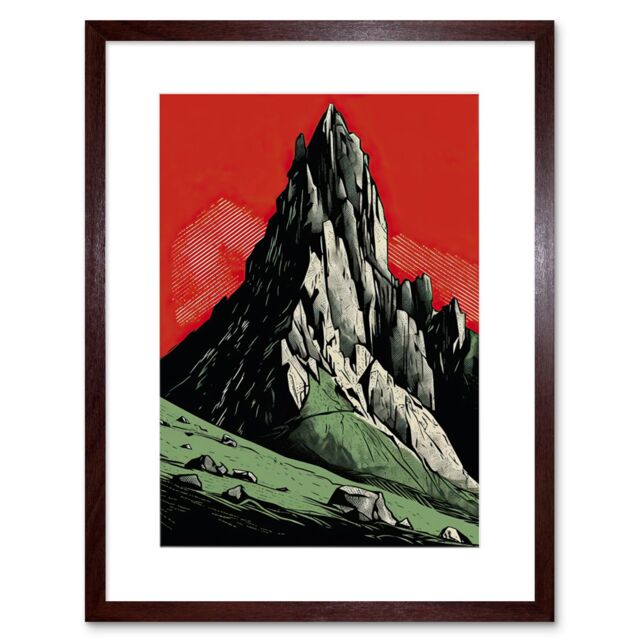 "Artery8 Wall Art Print Tryfan Mountain Peak Bold Linocut Artwork Framed 9X7 Inch in Brown - Size: W7"" x H9""" - image 1