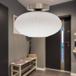 First Choice Lighting Baton - White Ribbed Oval Glass Satin Nickel Ceiling Light Fitting - thumbnail 3