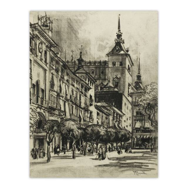 "Artery8 Joseph Pennell The Zocodover Toledo Cityscape Drawing Wall Art Print in Grey - Size: W12"" x H16""" - image 1