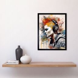 Artery8 Wall Art Print Edgy Young Punk Woman with Red Mohawk & Headphones Listening to Music Modern Watercolour Painting Art Framed - thumbnail 2