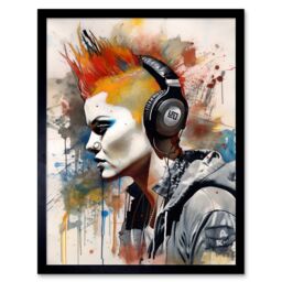 Artery8 Wall Art Print Edgy Young Punk Woman with Red Mohawk & Headphones Listening to Music Modern Watercolour Painting Art Framed - thumbnail 1