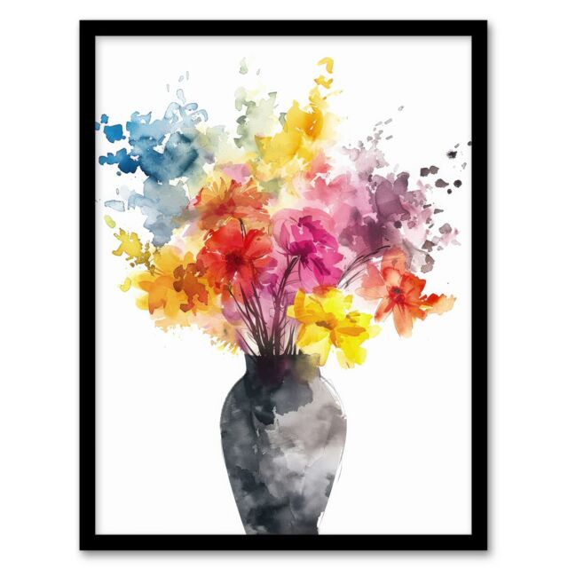 Artery8 Wall Art Print Flower Bouquet in Vase Abstract Watercolour Art Framed Poster in Black - Size: A4 - image 1