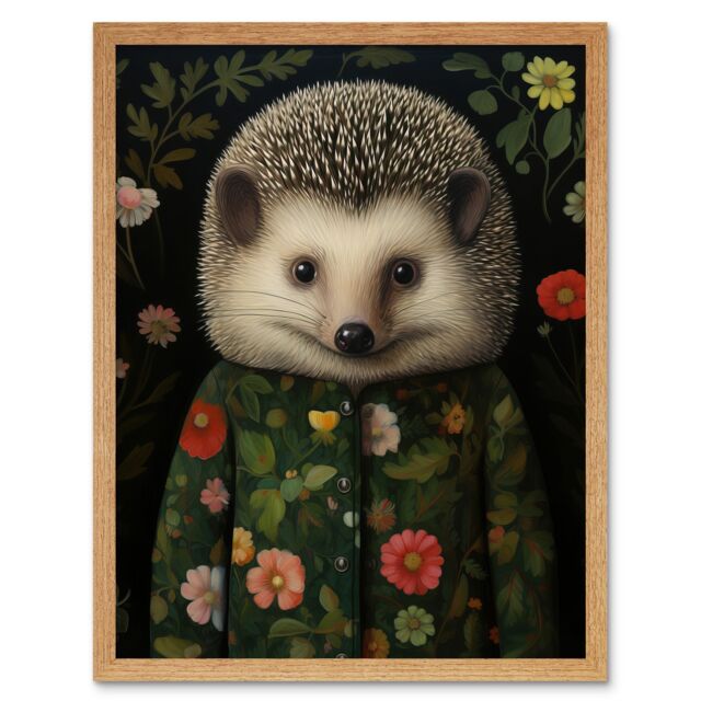 "Artery8 Wall Art Print Hedgehog in Hedgerow Floral Jacket Cute Kids Bedroom Artwork Art Framed in Light Oak - Size: W12"" x H16""" - image 1