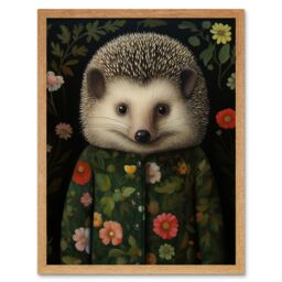 "Artery8 Wall Art Print Hedgehog in Hedgerow Floral Jacket Cute Kids Bedroom Artwork Art Framed in Light Oak - Size: W12"" x H16""" - thumbnail 1