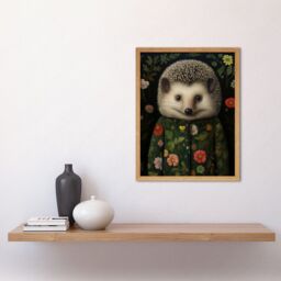 "Artery8 Wall Art Print Hedgehog in Hedgerow Floral Jacket Cute Kids Bedroom Artwork Art Framed in Light Oak - Size: W12"" x H16""" - thumbnail 2