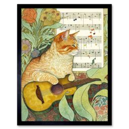 "Artery8 Wall Art Print Orange Tubby Cat with Guitar & Sheet Music in Floral Art Nouveau Pattern Art Framed in Black - Size: W12"" x H16""" - thumbnail 1