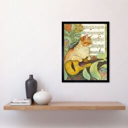 "Artery8 Wall Art Print Orange Tubby Cat with Guitar & Sheet Music in Floral Art Nouveau Pattern Art Framed in Black - Size: W12"" x H16""" - thumbnail 2