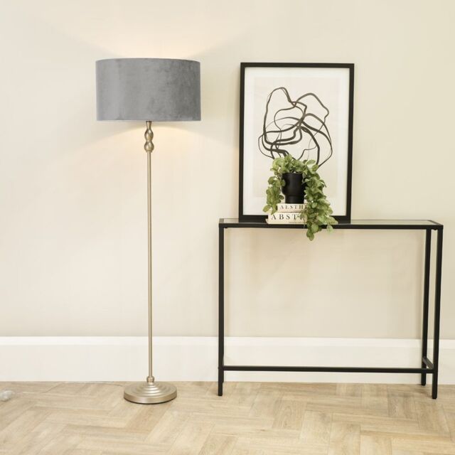 ValueLights Maggie Brushed Chrome Silver Floor Lamp with Velvet Lamp Shade in Grey